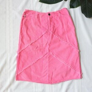 Pink corduroy skirt with chevron distressed detail